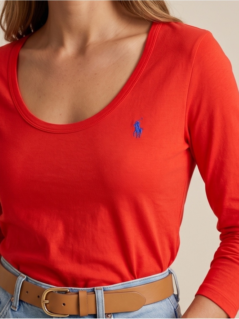 Ralph Lauren Women's Bright Red Scoop Neck Long Sleeve Tee